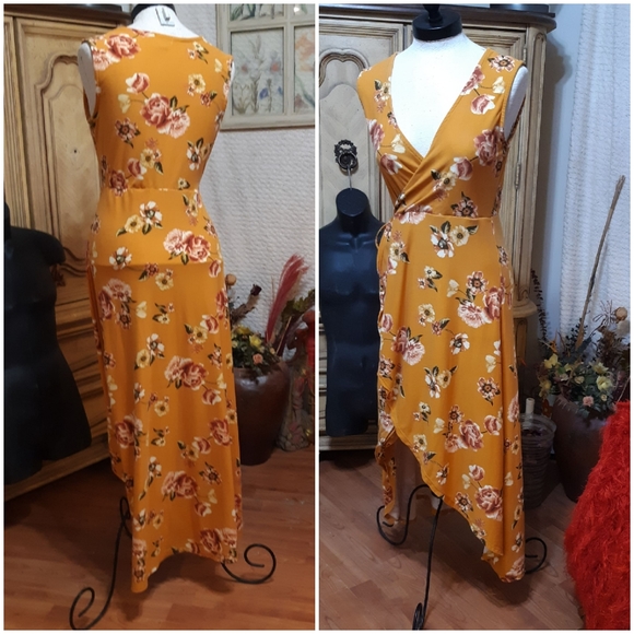 Womens Dress Autumn High Low B30 open front leg sz L Justice Gold flower print - Picture 4 of 6